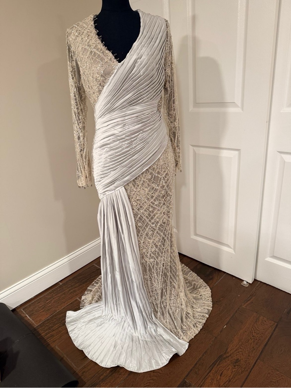 Larimar Silver Hand Beaded & Satin Pleated Jordanian Designer Dress